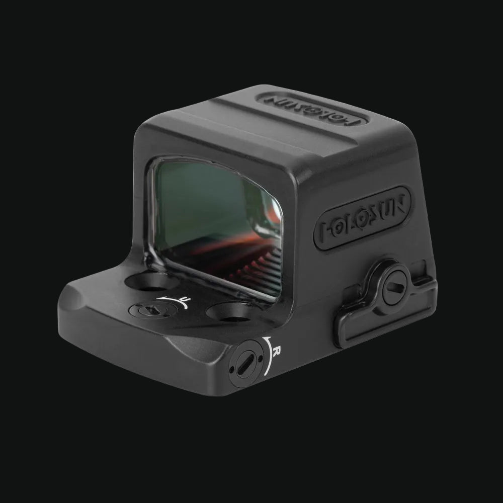 Enclosed red dot sight angled view with side control buttons