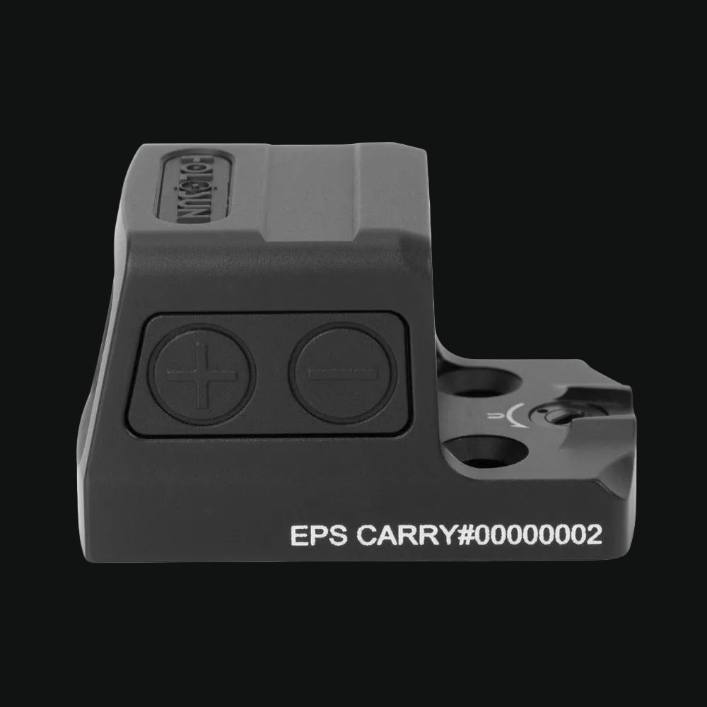 Enclosed dot sight with adjustment buttons and mounting base, black finish