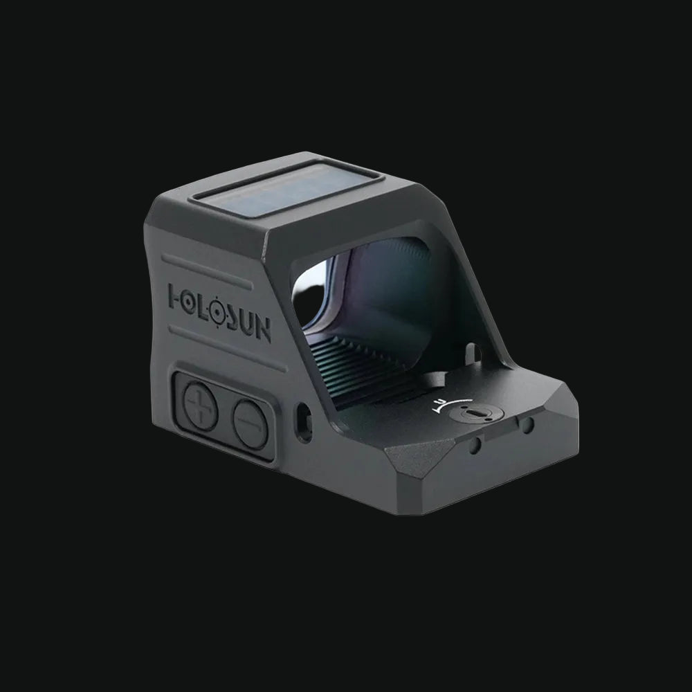 Holosun HE407C-X3 dot sight angled view showing side knobs and rear housing