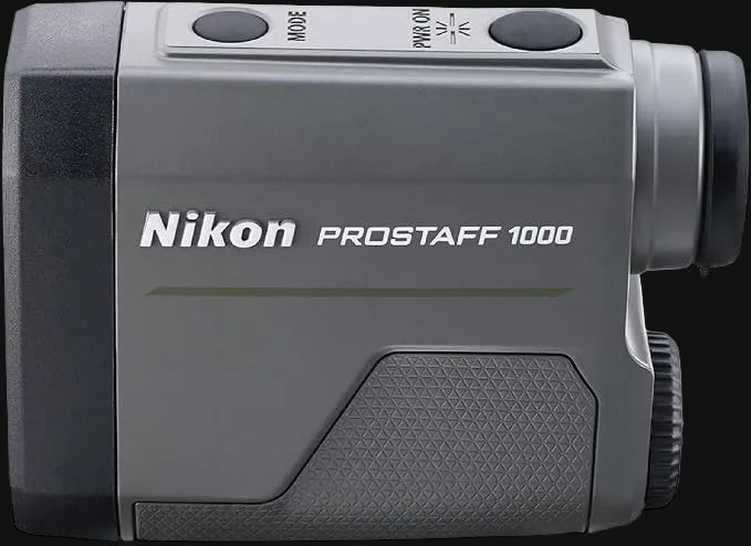 Nikon PROSTAFF 1000 laser rangefinder front view with grip panel and side buttons