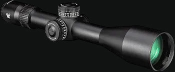 Vortex riflescope showing front objective lens and side focus/adjustment dial on dark tube