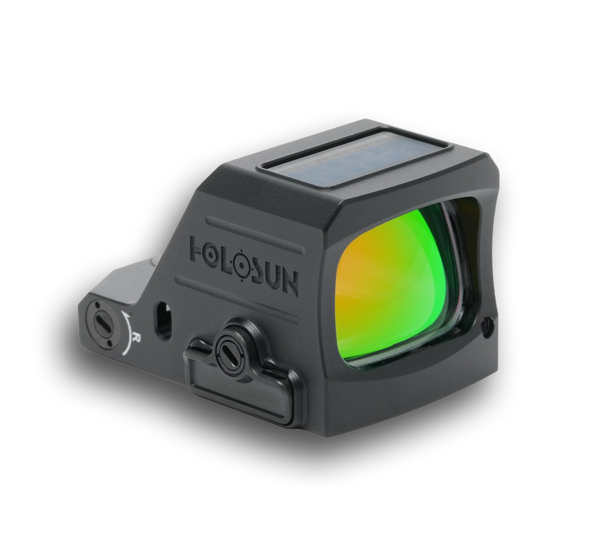 Black reflex sight showing illuminated green circle dot through front window