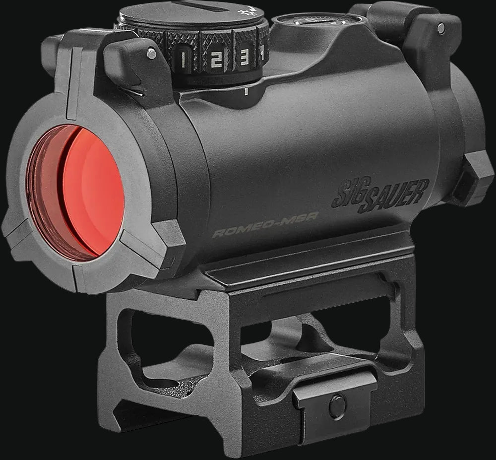 Sig Sauer ROMEO-MSR red dot sight with red lens cover and mounting base
