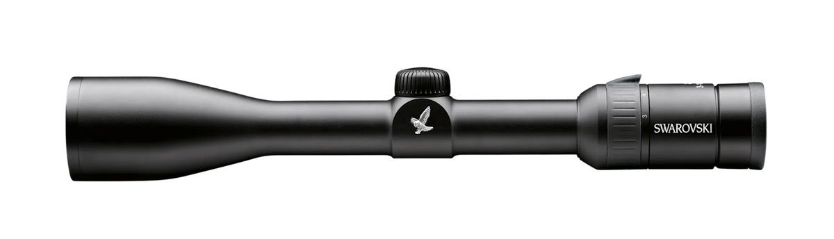 Black riflescope with SWAROVSKI branding, side view, adjustment knobs and objective lens