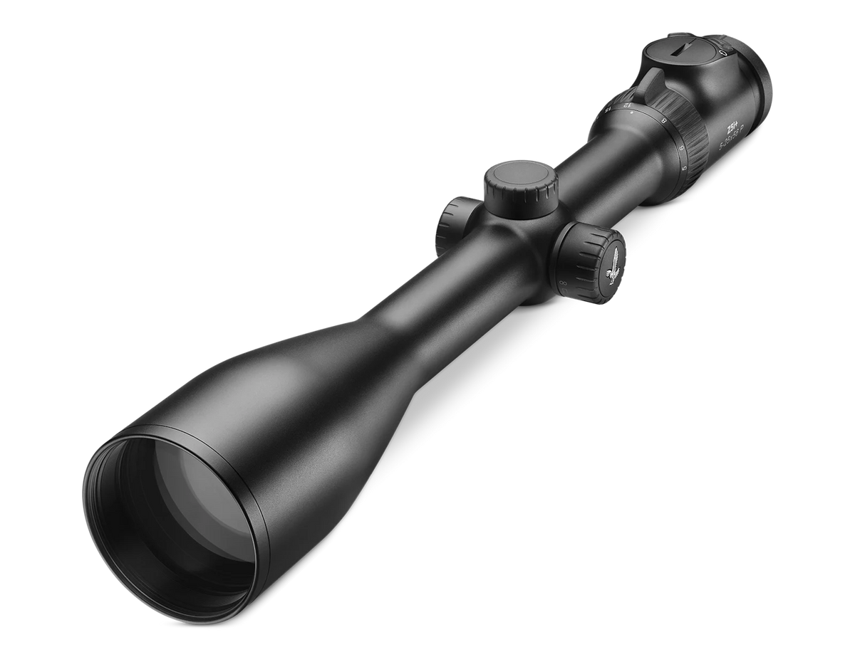Matte black riflescope angled view with large front objective lens and side knobs