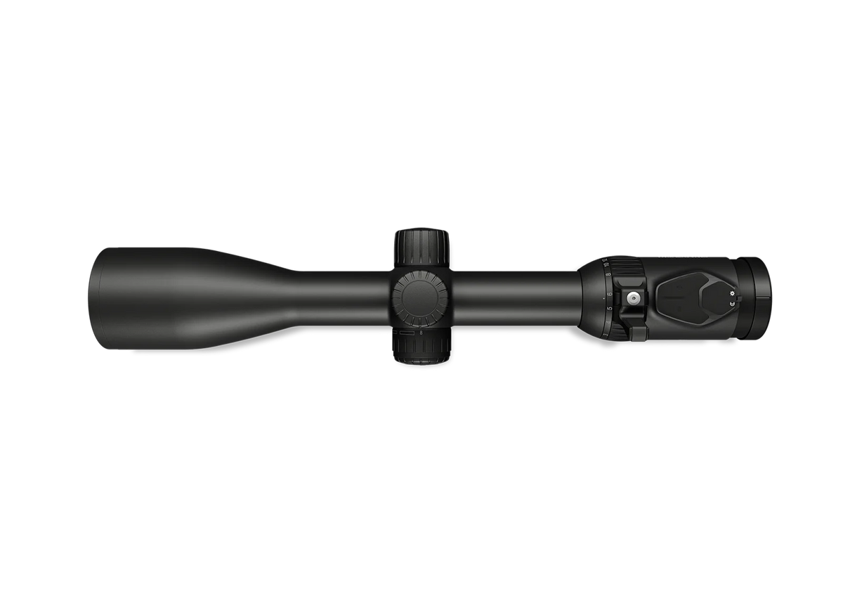 Black riflescope with adjustment turret and 50mm objective lens, side view.