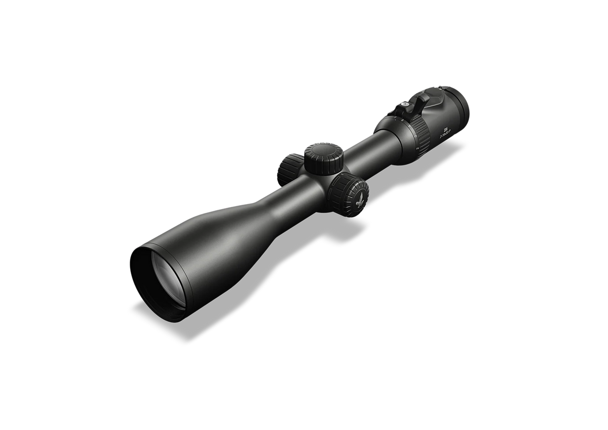Black riflescope, angled view showing objective lens and side focus or magnification rings.