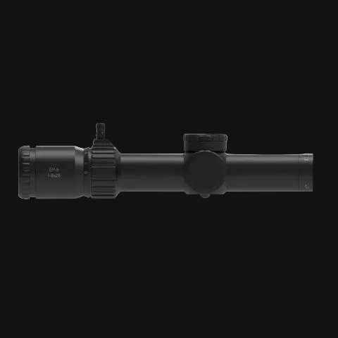 LPVO riflescope in side profile with top adjustment turret and long tube