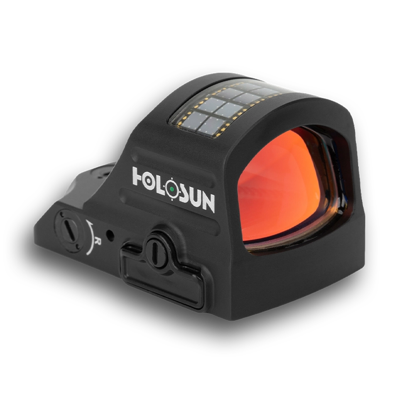 Holosun reflex red dot sight with red circle lens, solar panel top, black housing