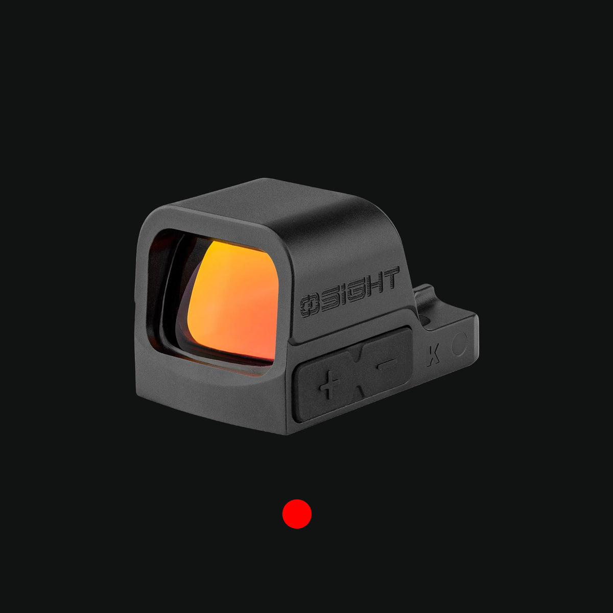 Black reflex red dot sight with orange illuminated lens and adjustment buttons