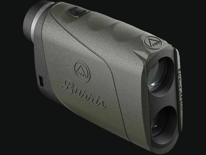 Handheld laser rangefinder with matte gray body and dual front lenses, side logo and buttons