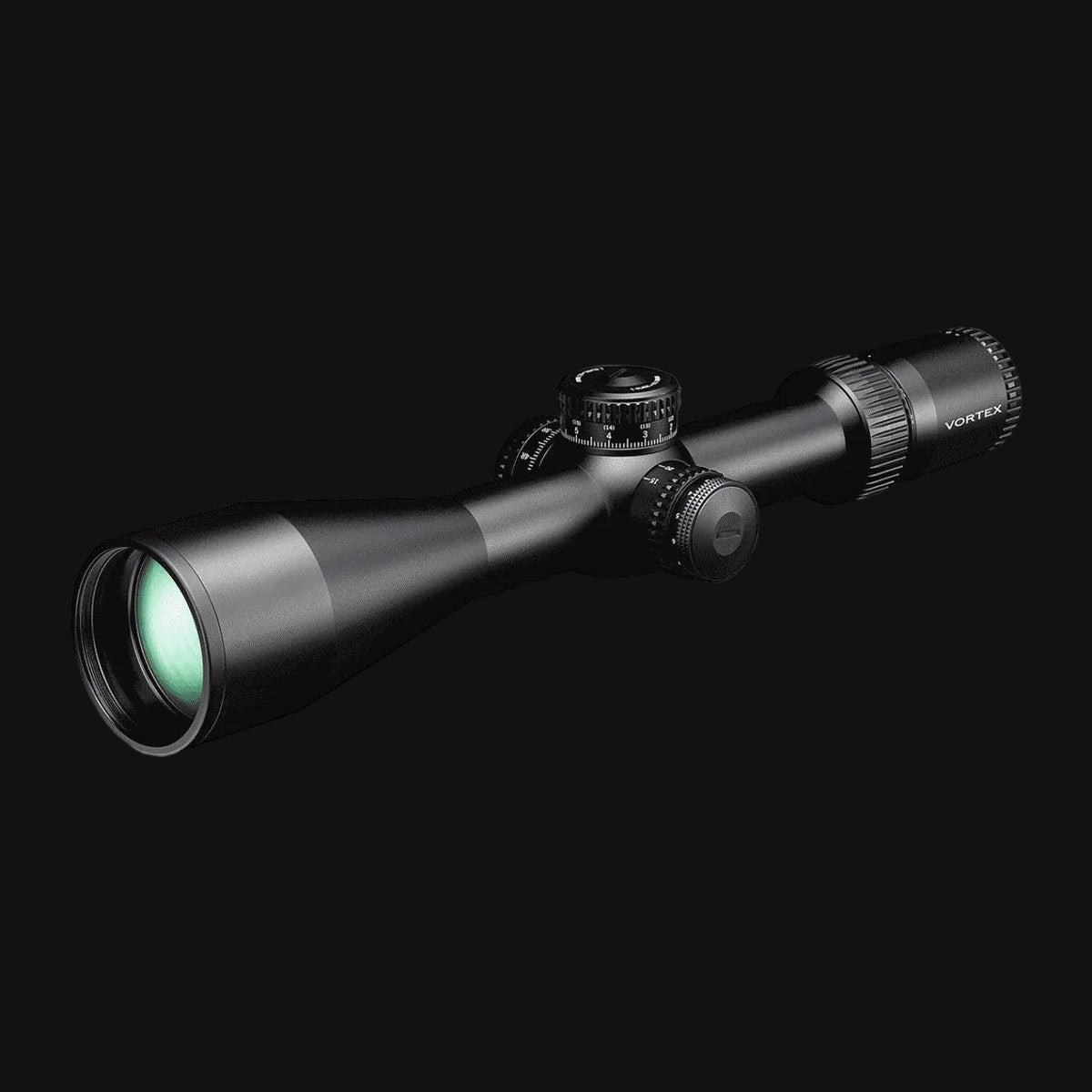 Riflescope with matte black tube, front objective lens, and adjustment turrets