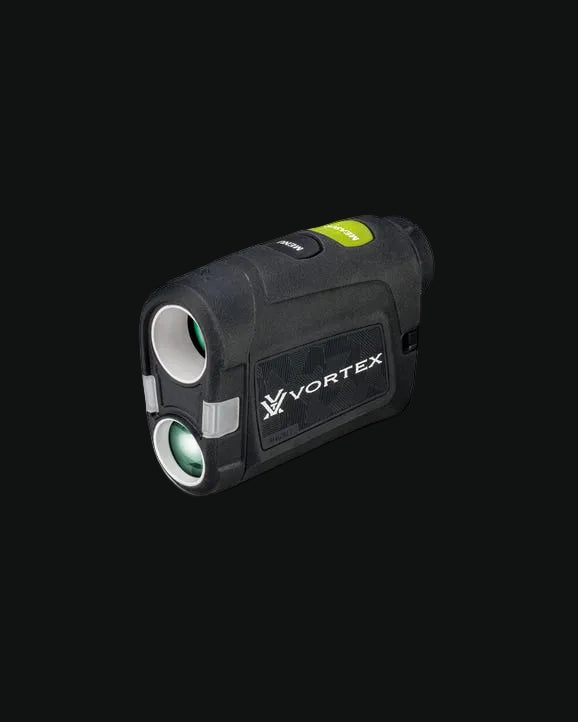 Vortex laser rangefinder with dual green display windows and black compact body