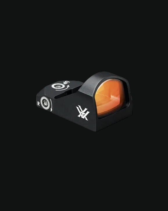 Vortex Viper red dot reflex sight with mount, angled view showing amber lens window