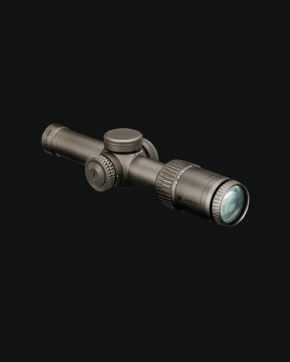 LPVO riflescope with matte gray finish, rear adjustment knob and front objective lens