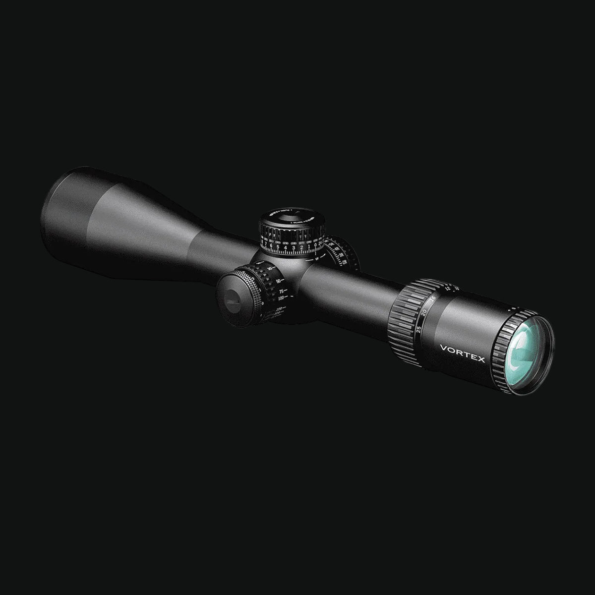 Riflescope in angled view with matte black body, adjustable turrets, and front lens